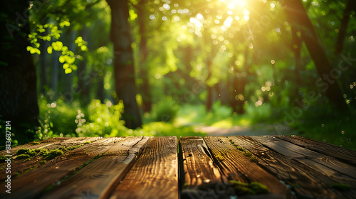  Beautiful blurred background of natural summer green forest with sunlight and a wooden table