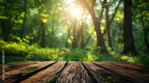 Beautiful blurred background of natural summer green forest with sunlight and a wooden table