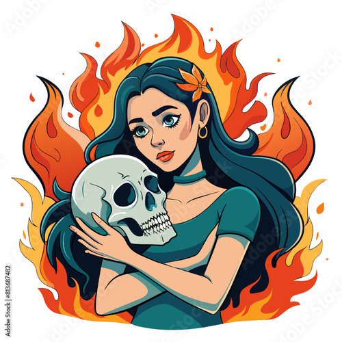 A stunning girl finds comfort in the arms of a grinning skull, set against a backdrop of blazing fire