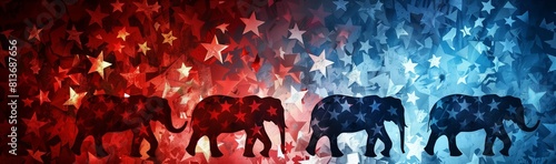 This image showcases a row of silhouetted elephants overlaid with a starry texture transitioning from red to blue, symbolizing American patriotism in an artistic fashion. photo