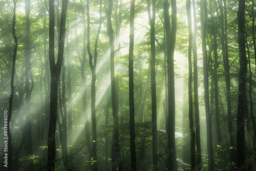 Fototapeta premium Dappled patterns of sunlight filtering through the canopy of a forest, with the interplay of light and shadow creating a mesmerizing minimalist composition