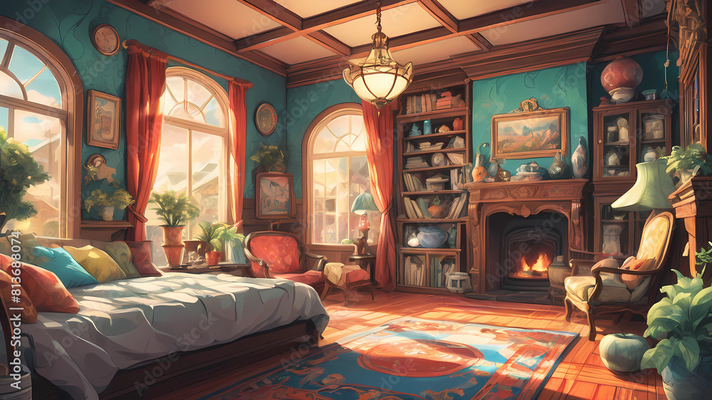 Flyff House Produce an illustration of the interior of a house in the distinctive ...