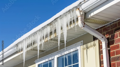 Icicles hanging from roof edge in winter  beautiful frozen ice formation on house roof