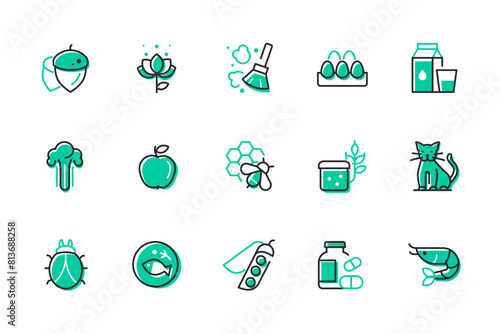 Allergens - set of line design style icons isolated on white background. Images of nut, flower with pollen, eggs, vegetables, fruits, cat, beetle, shrimp, fish, honey, eggs that can cause allergy