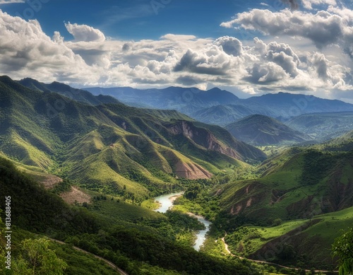 Mountains with a river running through them and a cloudy sky