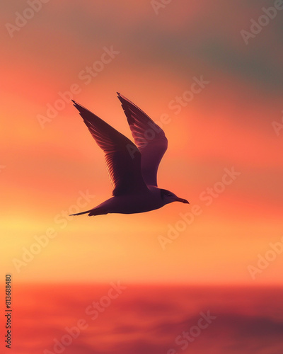 Hyper-realistic rendering of a bird seagull silhouette flying in the sky  with a breathtaking as the background at dusk 