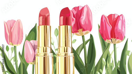 Lipsticks with tulips on white background Vector style #813688837