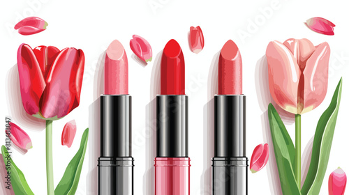 Lipsticks with tulips on white background Vector style #813688847