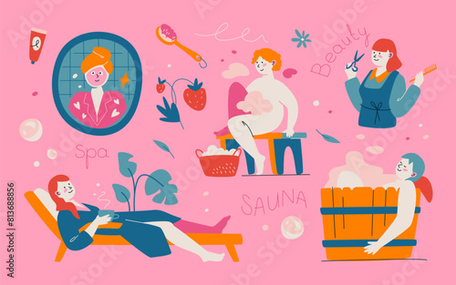 Spa, sauna and beauty treatments - modern colored vector illustration set with face mask, reflection, wash in bath with foam, get a haircut from hairdresser, relax on a sun lounger, steam your body