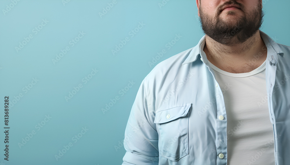 Overweight man in tight shirt on light blue background, closeup Overweight man in tight shirt on light blue background, closeup
