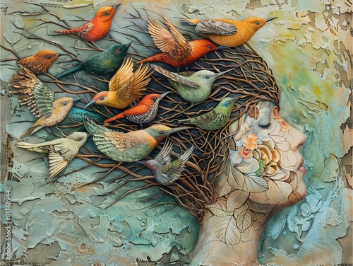 An oil painting of birds flying around the human head in a surreal style, with vibrant colors and dreamlike imagery blending the boundaries between nature and imagination.  photo