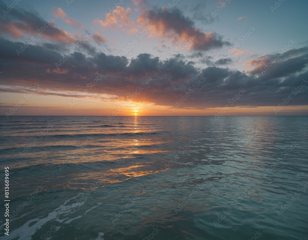 A serene sunrise over the ocean, with the sky painted in soft pastel hues reflected in the still waters below.