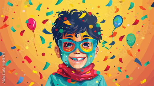 Little boy in funny disguise on color background