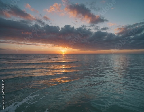 A serene sunrise over the ocean  with the sky painted in soft pastel hues reflected in the still waters below.