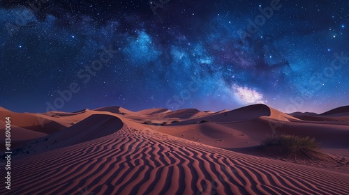 Amazing view of the night sky full of stars in the middle of the desert with sand dunes all around.