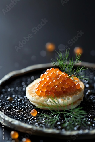 Blinis with red caviar on a plate on black background