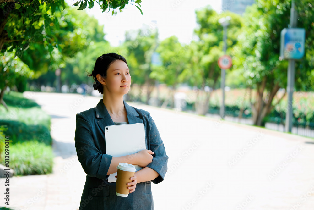 Confident Businesswoman Enjoying a Coffee Break Outdoors Confident Businesswoman Enjoying a Coffee Break Outdoors