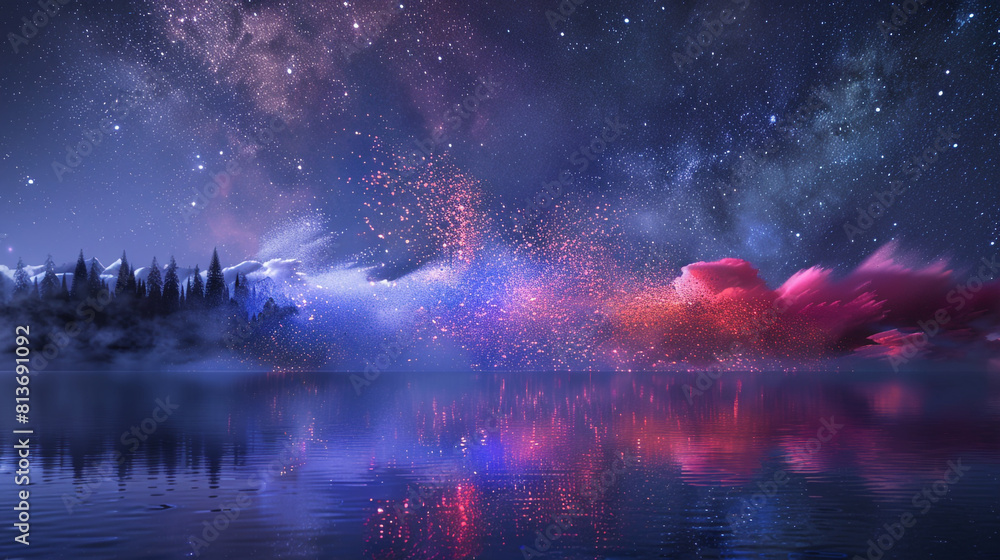 A calm, starlit night with Explosion of colored powder background