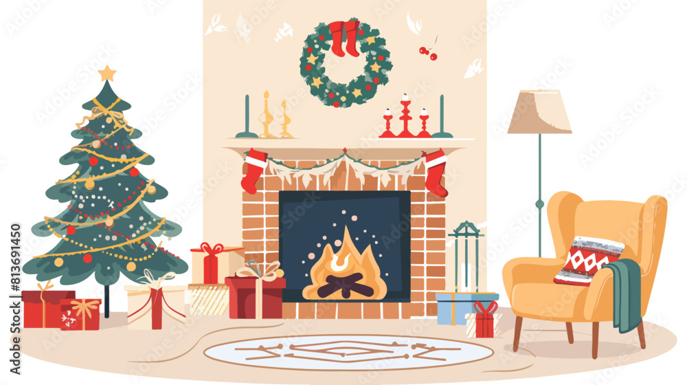 Christmas home living room with socks on fireplace 
