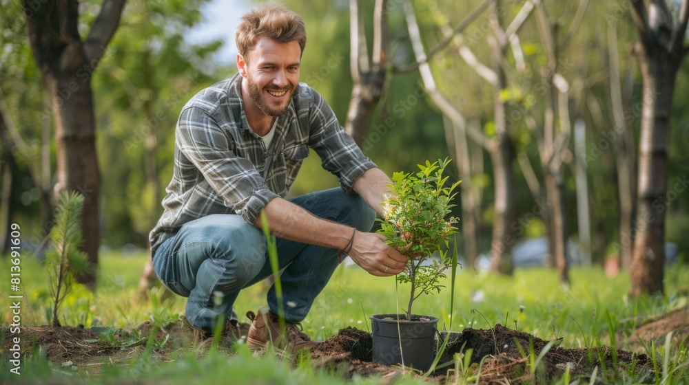 Fototapeta premium A Man Planting Young Tree