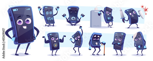 Smartphone mascot. Cartoon mobile phone with hands and emotional faces posing exact vector template character