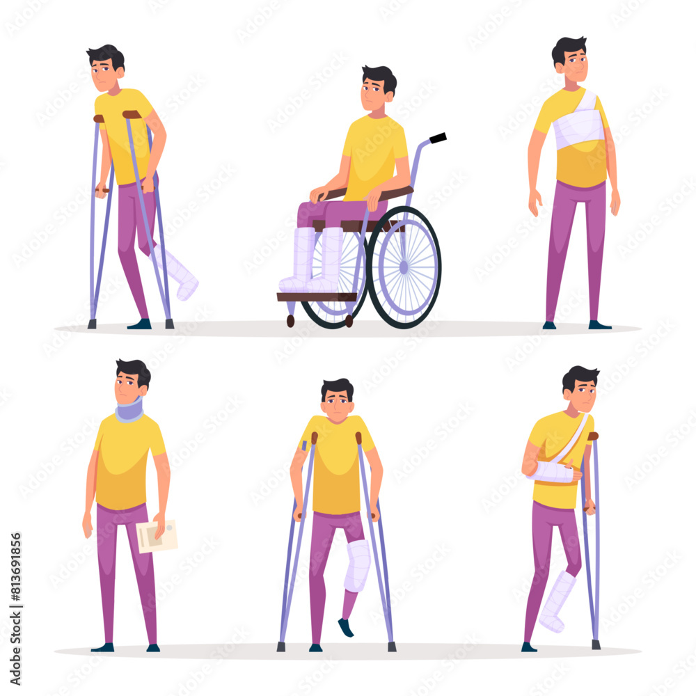 Injury character. Human bandaged body hands or legs fixation medical treatment exact vector pictures of broken bones bandaged Injury character. Human bandaged body hands or legs fixation medical treatment exact vector pictures of broken bones bandaged