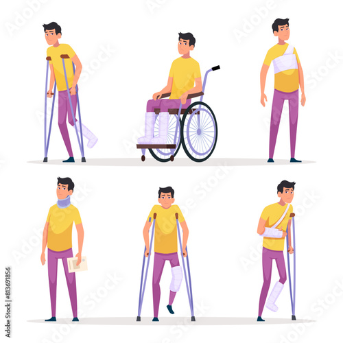 Injury character. Human bandaged body hands or legs fixation medical treatment exact vector pictures of broken bones bandaged