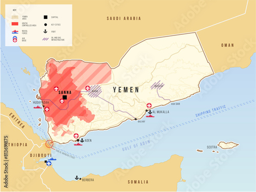 Yemen map. Houthis attacks on cargo trade. Red Sea crisis. Vector illustration map. Geopolitical set concept.