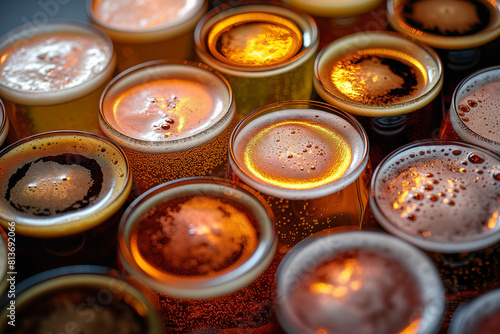 close up of a glass of beer, Close-up of Assorted Beers in a flight ready for tasting in the pub. Indulge in a sensory journey with this captivating close-up of assorted beers arranged in a flight