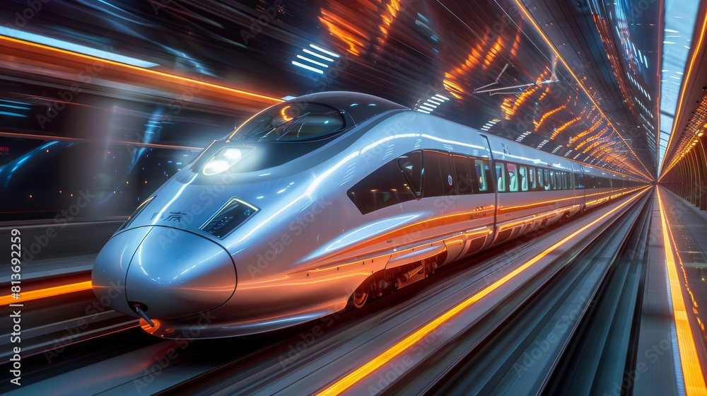 A silver bullet train is speeding through a tunnel A silver bullet train is speeding through a tunnel