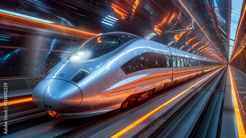 A silver bullet train is speeding through a tunnel