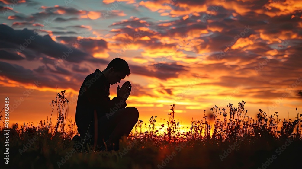 Christian prayer. Man on his knees praying on sunset background ...