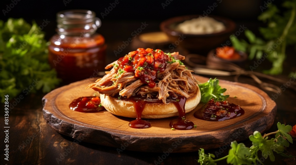 A rustic wooden table adorned with a plate of succulent pulled pork atop a toasted English muffin, surrounded by vibrant green garnishes and a drizzle of barbecue sauce. A rustic wooden table adorned with a plate of succulent pulled pork atop a toasted English muffin, surrounded by vibrant green garnishes and a drizzle of barbecue sauce.