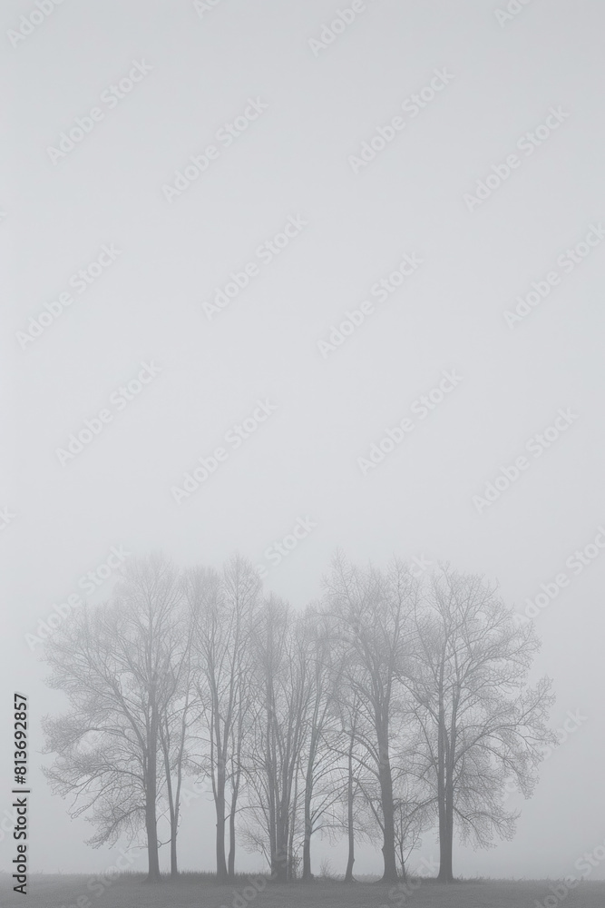 A minimalist landscape photograph capturing the layered patterns of trees receding into the distance on a foggy morning, with their soft silhouettes and muted tones. A minimalist landscape photograph capturing the layered patterns of trees receding into the distance on a foggy morning, with their soft silhouettes and muted tones.