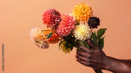 A Hand Presenting Colorful Dahlias