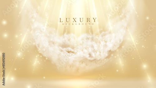 A mesmerizing background featuring a celestial cloud engulfed in radiant golden light rays and twinkling stars, ideal for spiritual themes. Luxury stage scene.