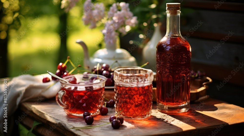 Fototapeta premium Cherry brandy in glasses and in a glass bottle on a wooden table in a summer garden.