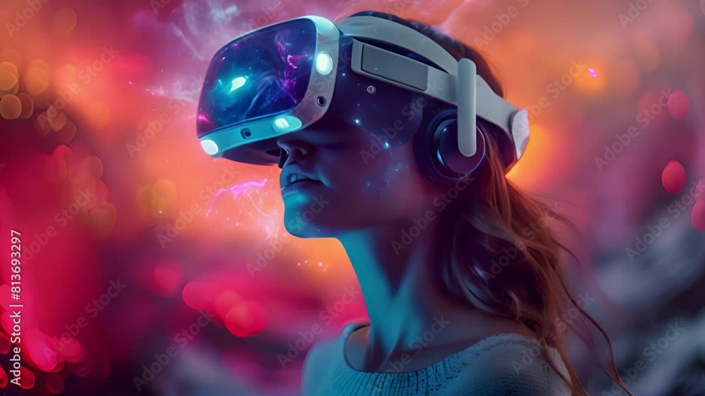 This Girl in VR glasses gazes up at vibrant neon lights, immersed in virtual reality This Girl in VR glasses gazes up at vibrant neon lights, immersed in virtual reality