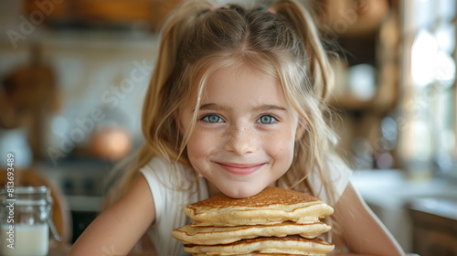 Cute young girl with blue eyes and freckles  smiling behind a large stack of pancakes in a sunny kitchen. 