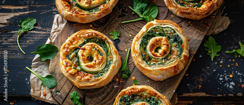 Baked spinach pinwheel puff pastries flat lay