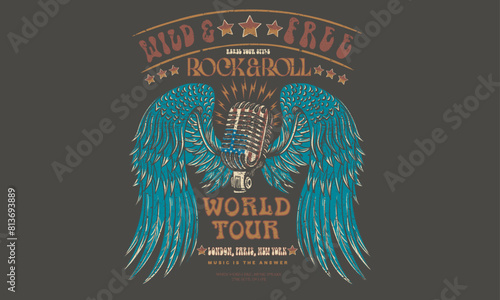 Wild and free. Microphone vector. Eagle wing vector t-shirt design. Freedom music tour. Free spirit vintage artwork. America eagle rock and roll poster design. Music festival artwork.