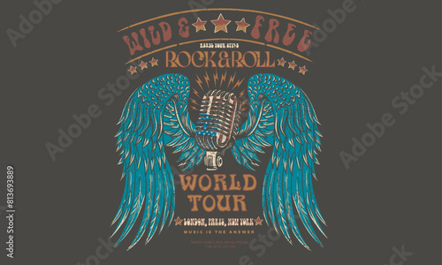 Wild and free.  Microphone vector. Eagle wing vector t-shirt design. Freedom music tour. Free spirit vintage artwork. America eagle rock and roll poster design. Music festival artwork.