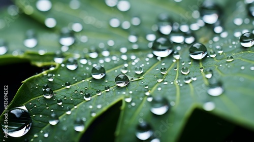 Water droplets glistening on a vibrant green leaf,