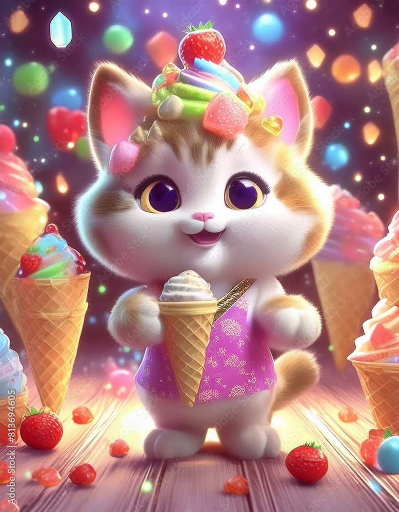 カラフルアイスクリームと子猫