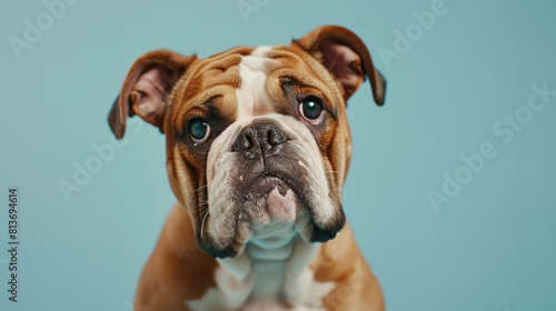 A cute bulldog looking at the camera, on a solid light blue background, with empty copy space