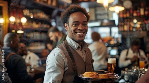 A Smiling Waiter Serving Beer
