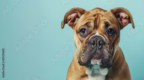 A cute bulldog looking at the camera, on a solid light blue background, with empty copy space © Uwe