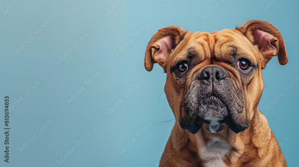 A cute bulldog looking at the camera, on a solid light blue background, with empty copy space