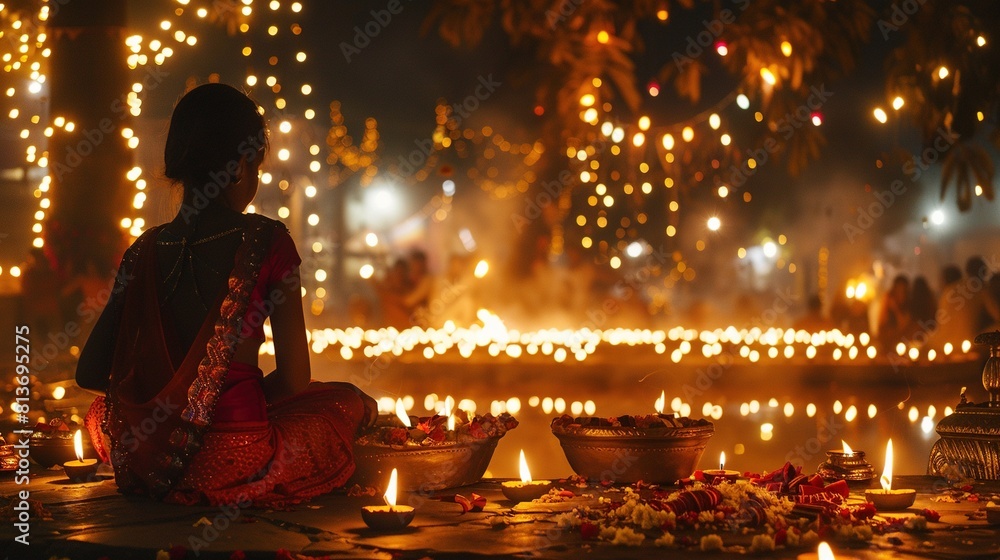Young Indian woman sitting surrounded by lanterns on Diwali festival Young Indian woman sitting surrounded by lanterns on Diwali festival