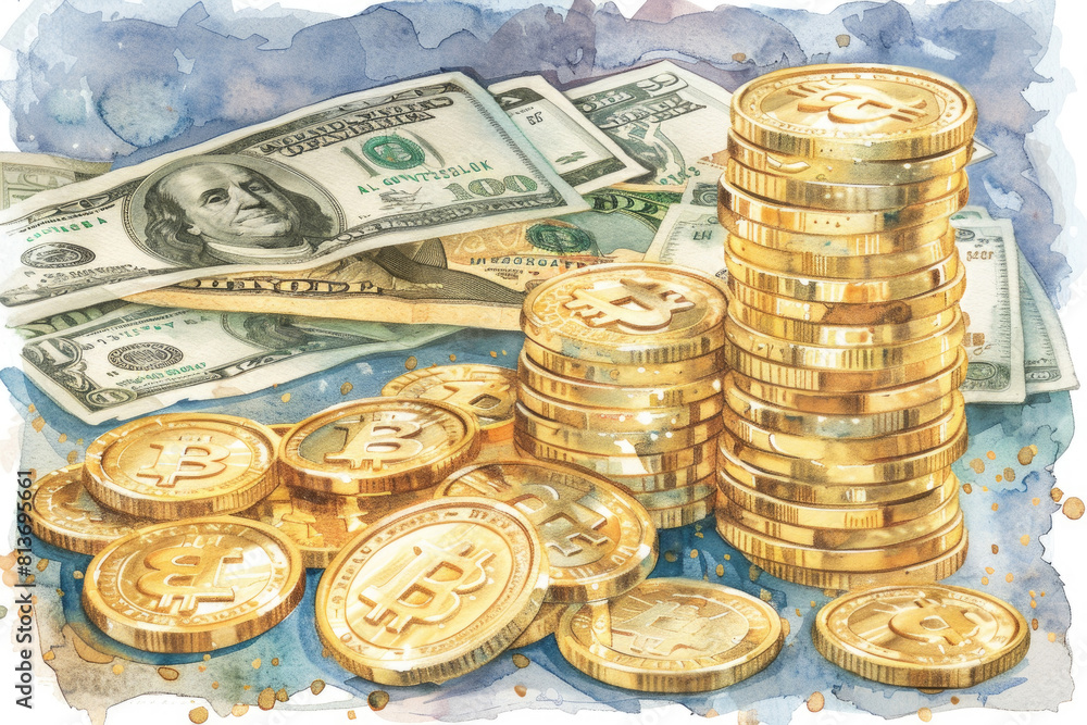 A stack of shiny gold coins placed next to a stack of crisp dollar bills, showcasing wealth and financial assets A stack of shiny gold coins placed next to a stack of crisp dollar bills, showcasing wealth and financial assets
